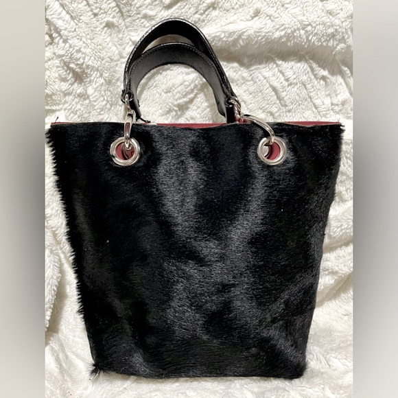 MAURIZIO TAIUTI Leather & Cowhide Tote Bag Satchel Black with Red lining NEW - Picture 3 of 7